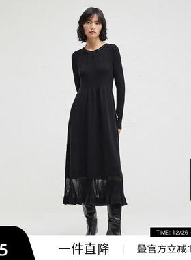 【播奥莱】播黑色中长款修身打底针织连衣裙女显瘦长裙DDR4LD5069