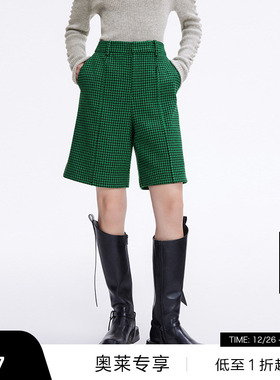 【清仓】春季宽松黑色拉链门襟复古千鸟格五分短裤DDP4KD4798