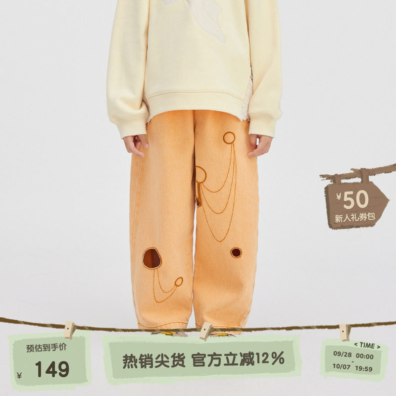 播broadcute童装裤子男童女童2024春新款休闲宽松卡通破洞牛仔裤