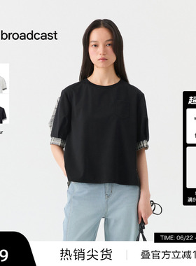 播复古灯笼袖拼接T恤女26夏季新款宽松格纹短袖上衣DDT2HD5641