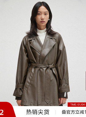 【播奥莱】播商场同款美式复古皮衣女秋新收腰系带风衣BDR3FD3224