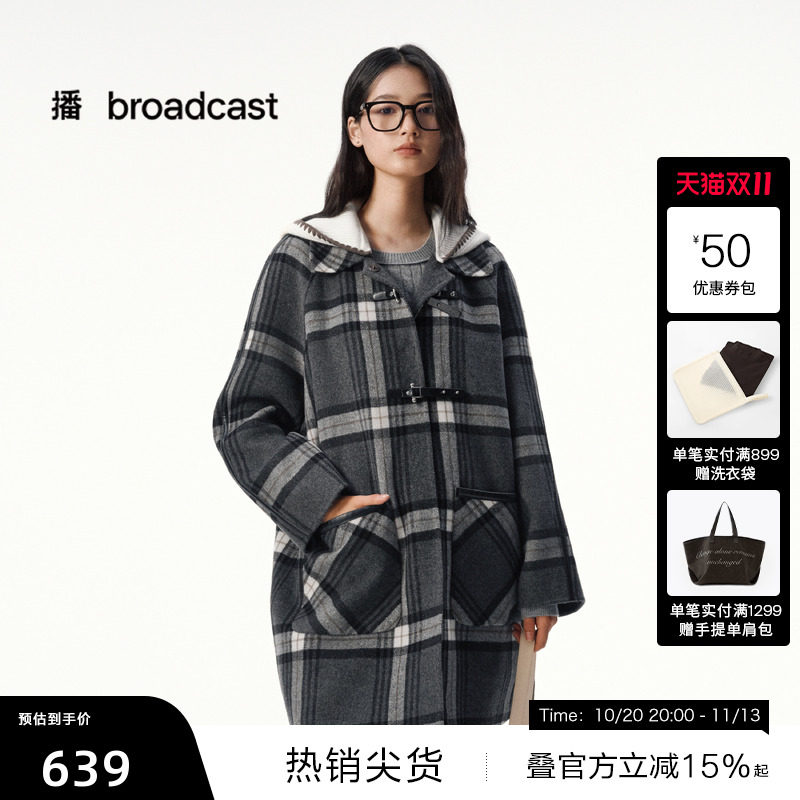 【播奥莱】复古中长款格子羊毛呢外套女冬呢大衣DDS4AD5136