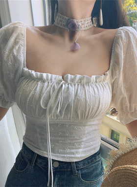 chenopod原创2026春夏法式方领泡泡袖白色刺绣收腰度假小衫上衣女