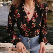 宫廷纽扣巨显瘦衬衫 chenopod自制法式 复古葡萄印花V领泡泡袖 上衣