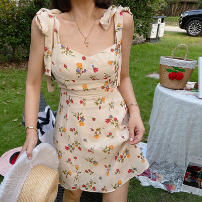 法式复古飘带碎花吊带裙连衣裙