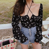 小衫 chenopod2026春夏法式 度假衬衫 纯欲收腰短款 女 复古方领灯笼袖