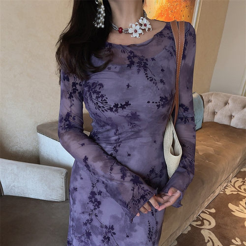 超美显气质网纱大弹力长袖连衣裙