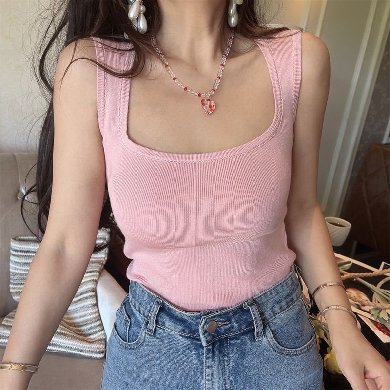 美式方领针织显瘦背心上衣