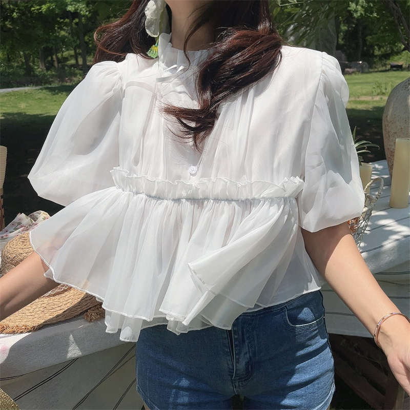 仙气灯笼袖木耳边飘带度假小衫女