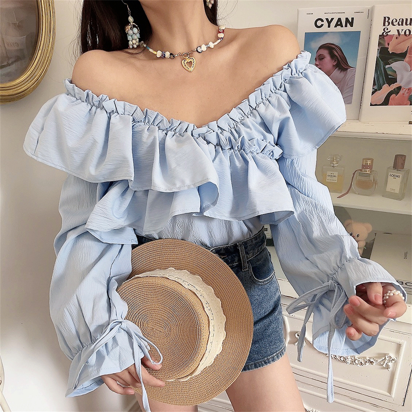 松紧荷叶边一字领灯笼袖衬衫小衫