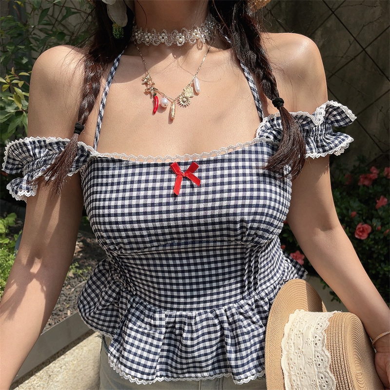 法式一字肩挂脖格子荷叶边小衫