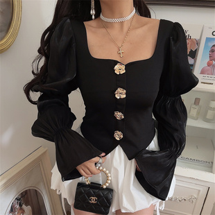 chenopod2026春夏法式复古大方领灯笼袖花朵扣收腰显瘦黑色衬衫女