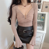 辣妹T恤弹力打底衫 chenopod超显瘦四季 可穿性感V领金属扣喇叭袖 女