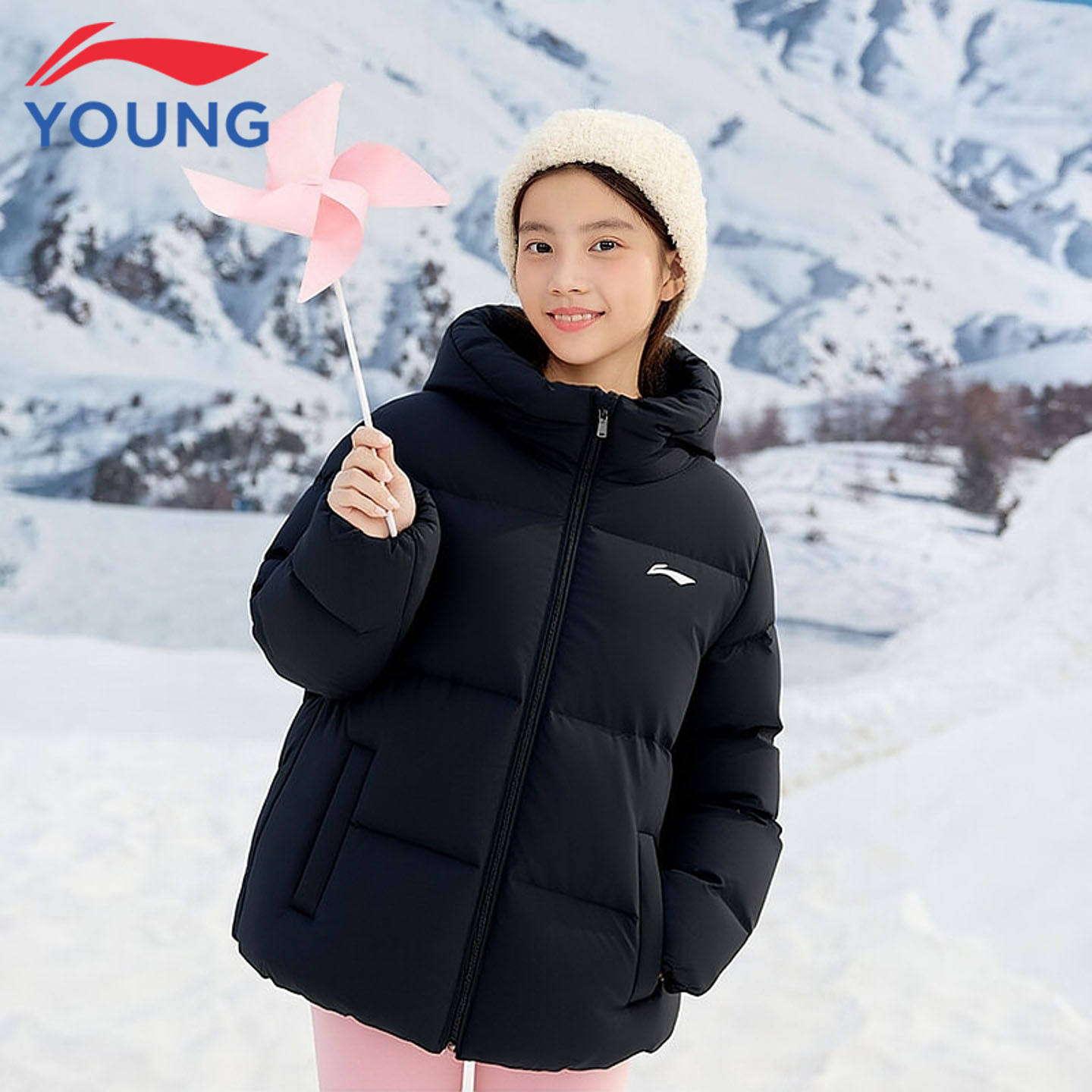 李宁儿童新款短款防风连帽羽绒服