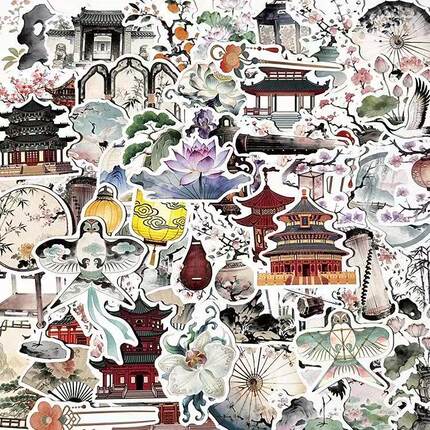 62张水墨画风格贴纸中国风古建筑DIY手账装饰贴纸笔记本个性贴纸