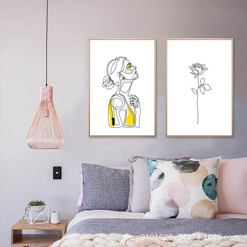 素描手绘鲜花人物装饰黑白线条小众艺术壁式极简挂餐厅图片