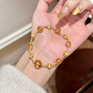 谷岚「金昭玉」天然黄水晶黄塔晶手串女款拉丝金珠招财转运手链
