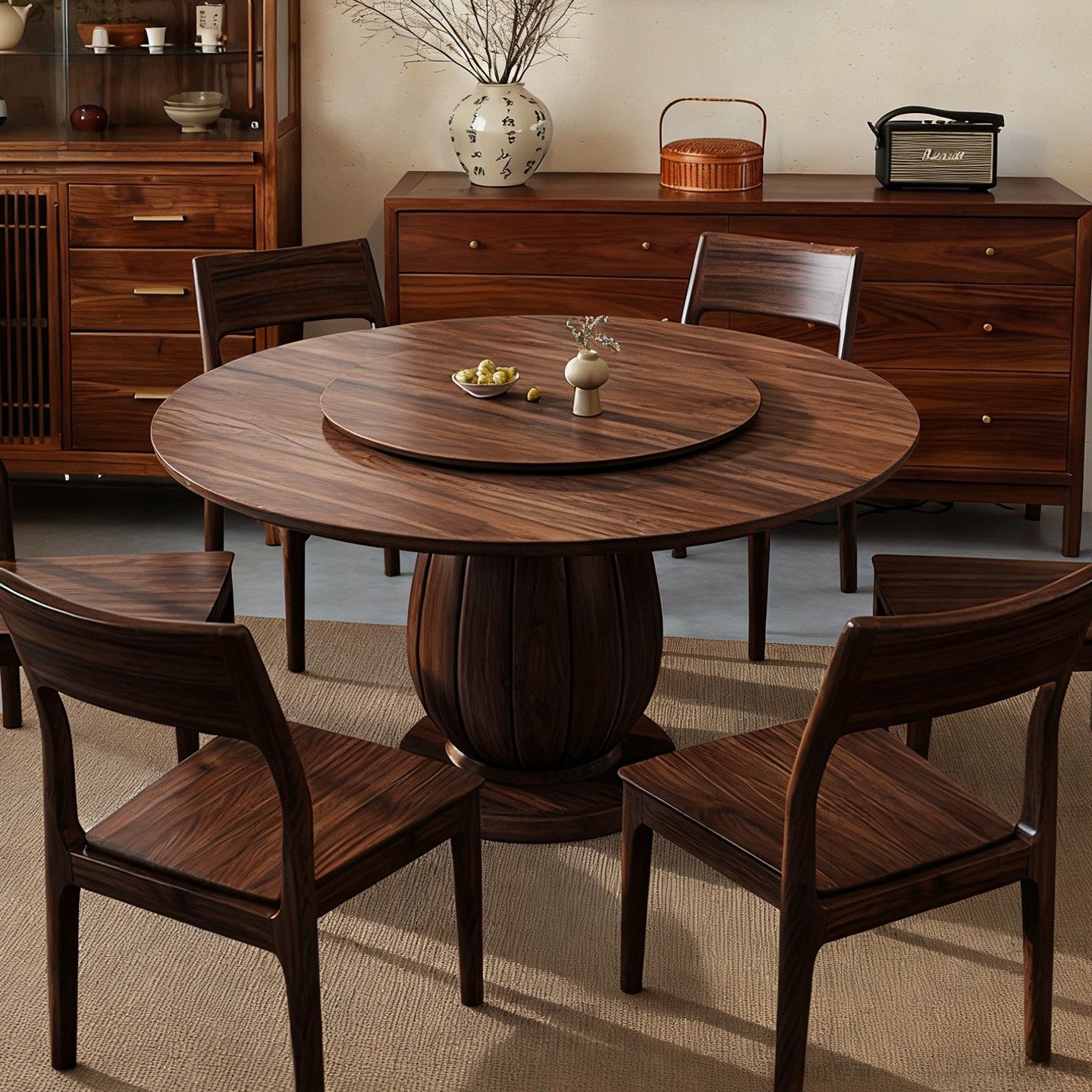 黑胡桃木实木餐桌椅组合原木风客厅家用带转盘简约圆餐桌2025新款