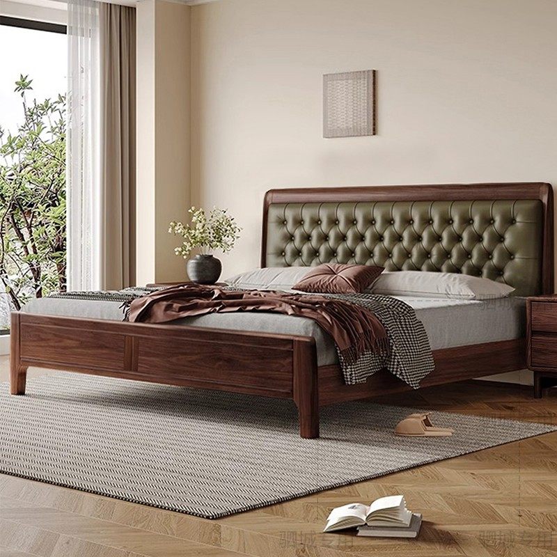 黑胡桃木真皮软包实木双人床现代简约主卧婚床2025新款意式家用床