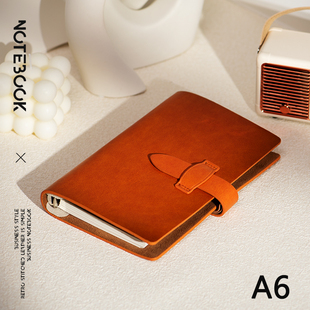 二层牛皮活页笔记本本子A6活页本可拆卸扣环考研大学生高颜值软皮手账本日记本可平摊定制LOGO旅行盖章草稿本