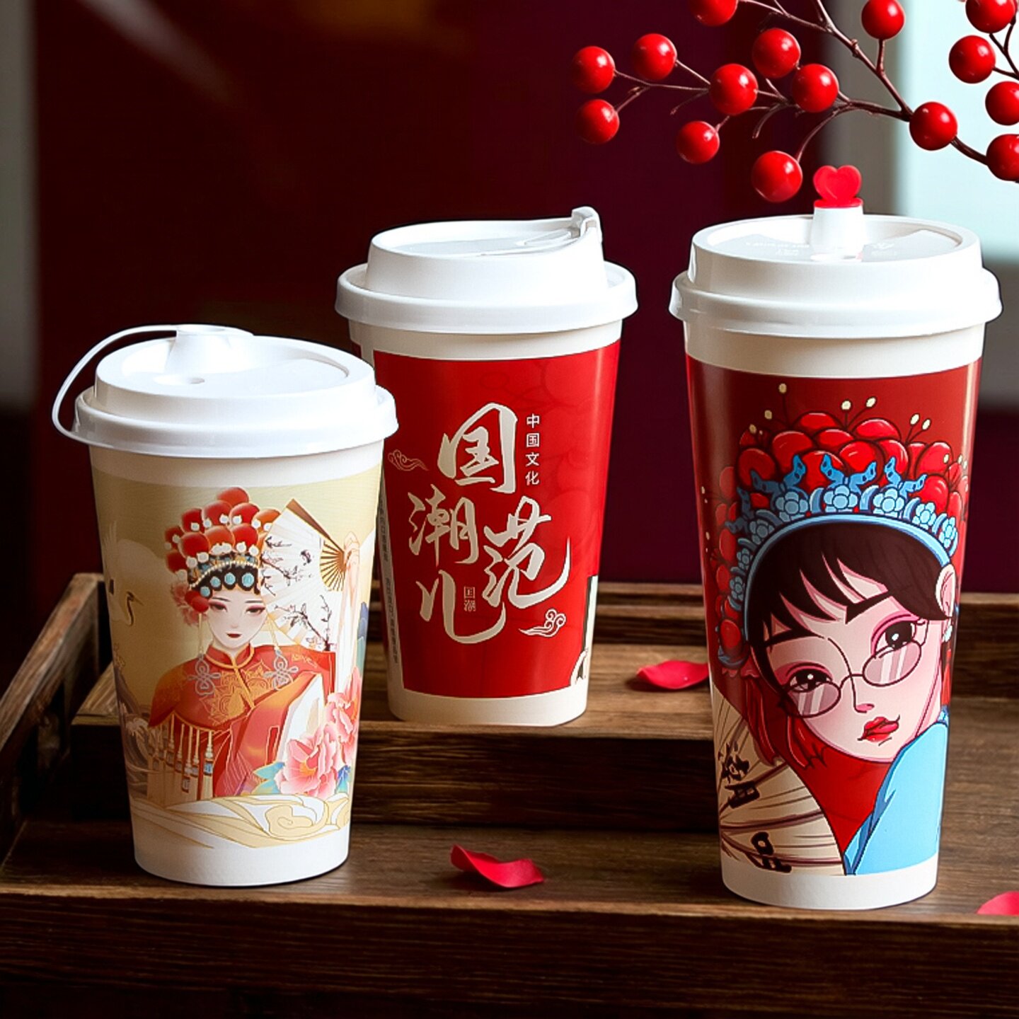 加厚国潮一次性奶茶纸杯子带盖