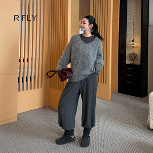 R FLY毛绒感毛衣女宽松慵懒风大领口套头长袖针织衫休闲叠穿上衣