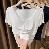 低领短款 白色莫代尔t恤女夏蕾丝花边短袖 2025新款 木耳边正肩上衣