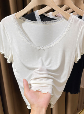 白色莫代尔t恤女夏蕾丝花边短袖2025新款低领短款木耳边正肩上衣