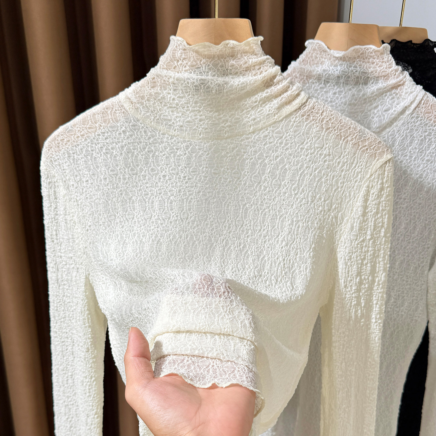 秋冬堆堆高领蕾丝内搭毛衣叠穿小衫2025新款性感薄款网纱打底衫女