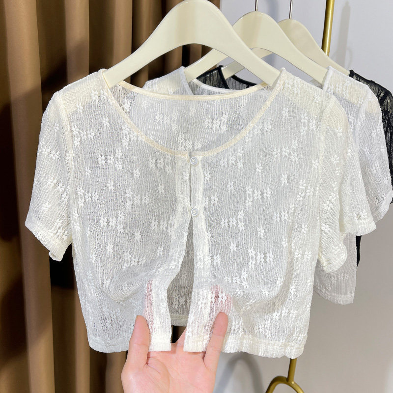 春夏季蕾丝小披肩配裙子吊带外搭短袖开襟外套女薄款网纱防0306z