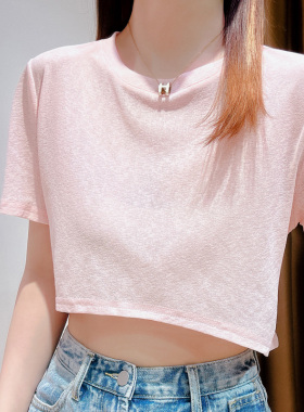 宽松短款高腰冰丝T恤女夏季薄款吊带外搭防晒罩衫短袖露脐上0318r
