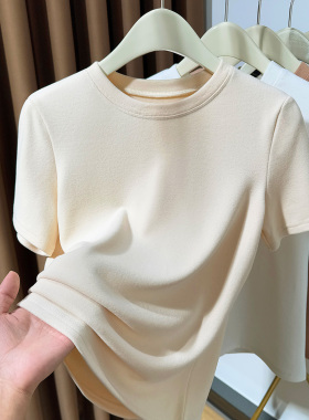 小圆领德绒短袖T恤女秋冬加绒内搭保暖双面绒打底衫正肩宽松0318r