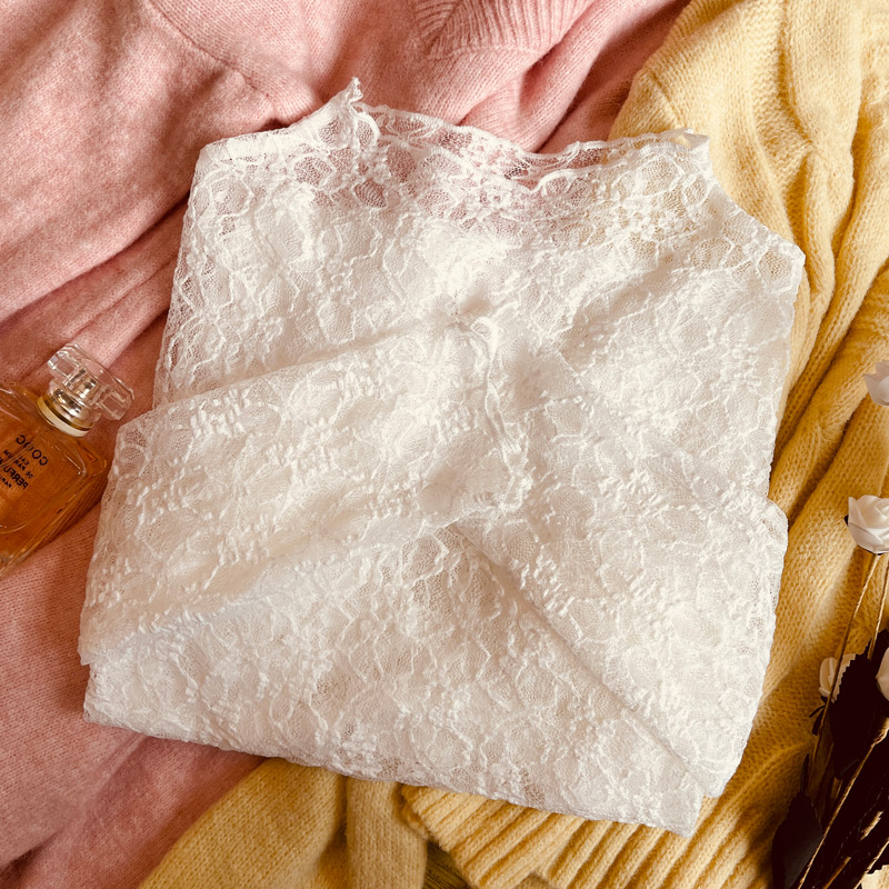 白色半高领蕾丝打底衫女2022春季新款性感镂空薄款内搭网纱上衣潮