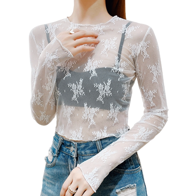 温娴圆领甜美长袖蕾丝打底衫