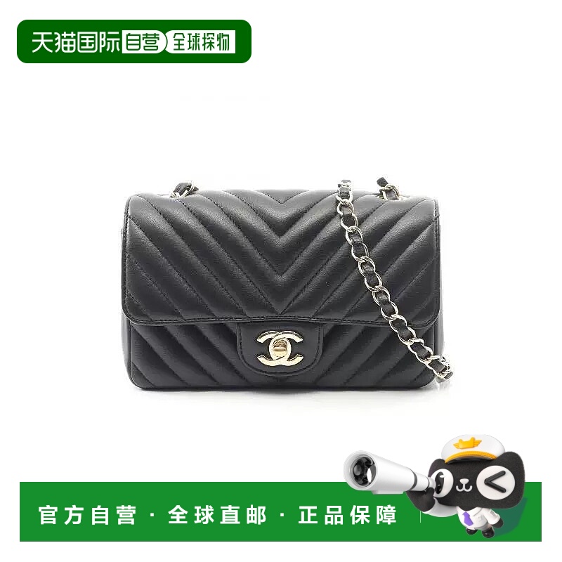 日本直邮中古Chanel香奈儿女包A级95新V-stitch羊皮斜挎包黑色