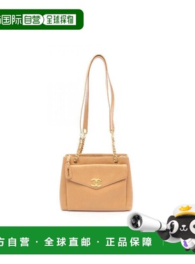 日本直邮中古Chanel香奈儿女包B级9新turn lock转锁牛皮托特包棕