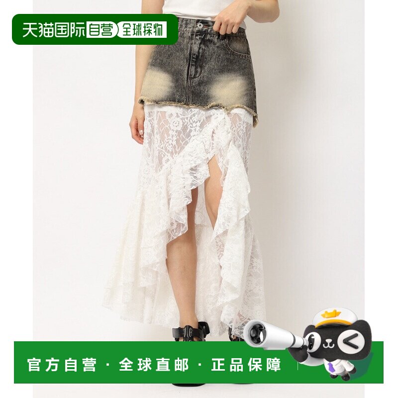 日本直邮SPIRALGIRL 女士牛仔+蕾丝拼接半身裙A字裙长裙 62611016