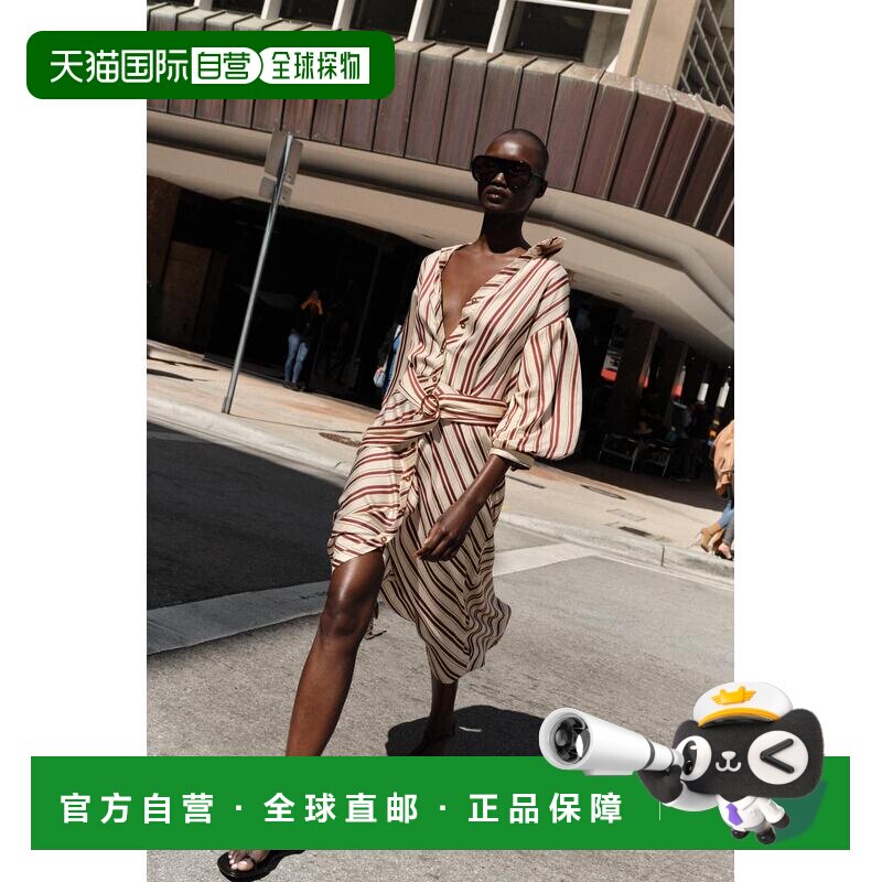 日本直邮Zara带条纹腰带的中长款连衣裙