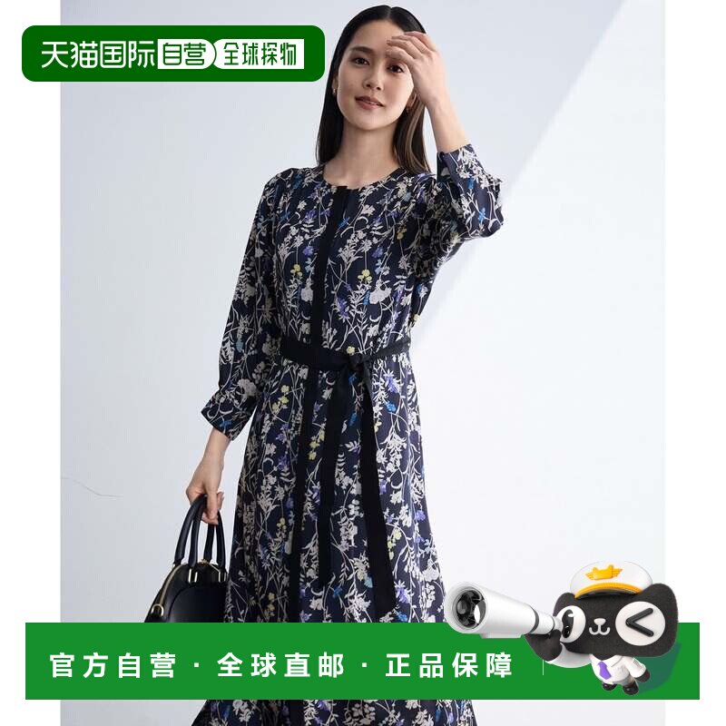 日本直邮自由区 可机洗草本花卉印花八分袖连衣裙 深蓝底色