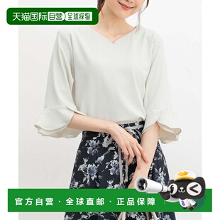 日本直邮Honeys 女士六分袖素色弹力乔其纱心形领大码办公室上衣