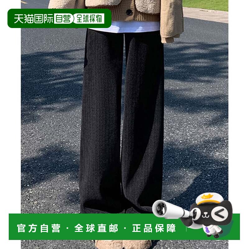 日本直邮蕾丝女士 条纹 腰部松紧 半宽 加绒黑色 休闲裤长裤