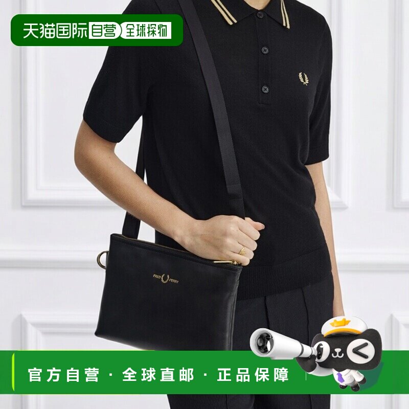 日本直邮FRED PERRY 男女同款光滑皮革斜挎包 黑色金链拉链 L2801