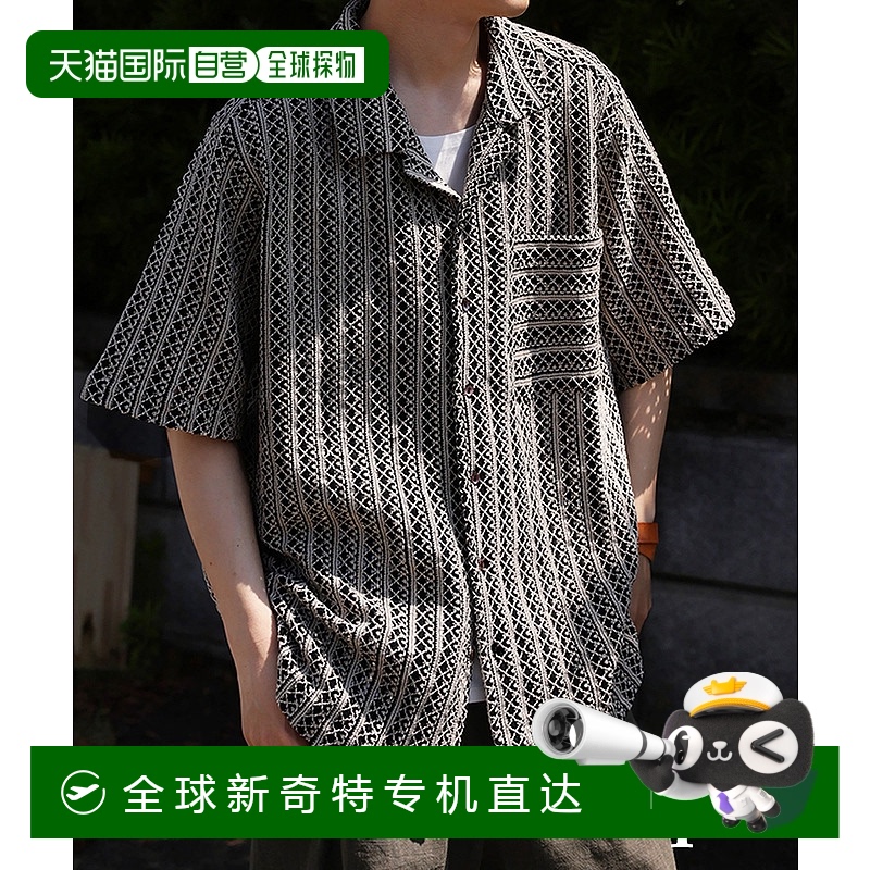 1h可退 日本直邮mulumulu 男士 宽松开襟短袖衬衫 印花全棉蕾丝透