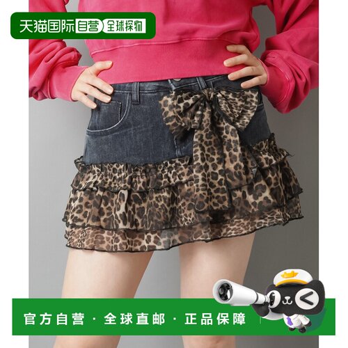 日本直邮SPINNS 女装 磁吸豹纹缎带设计 伸缩牛仔短裙 TR2507082