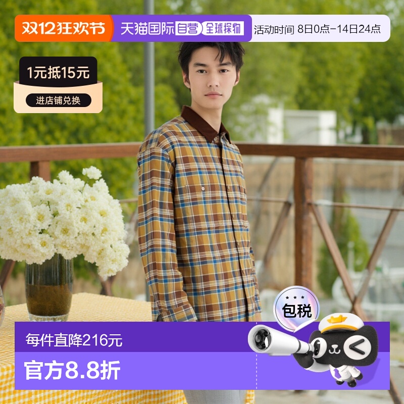 1h可退 日本直邮BEAMS 复古格子纹工作衬衫可外穿格纹灯芯绒宽松