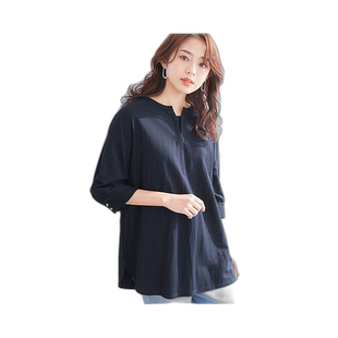 【日本直邮】 Alotta女士上装T恤海军蓝V领五分袖舒适宽松透气吸