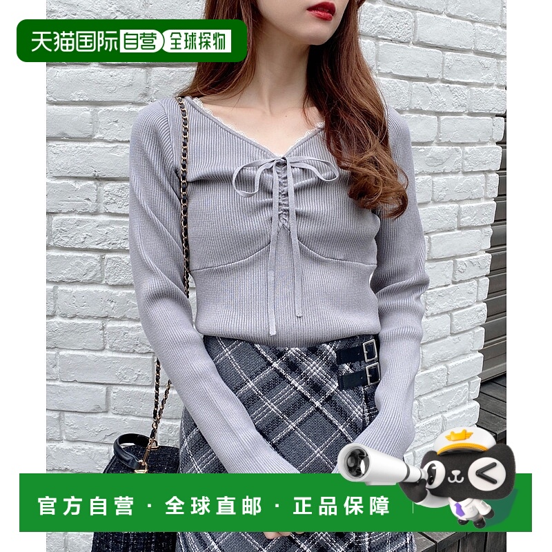 1h可退 日本直邮INGNI女装V领细 rib 袖口针织衫 前幅褶皱系带设