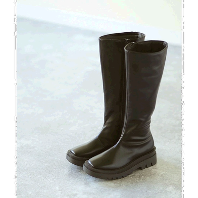 【日本直邮】Menuemenue方头厚底长靴（1020黑色PU）长筒靴时装靴