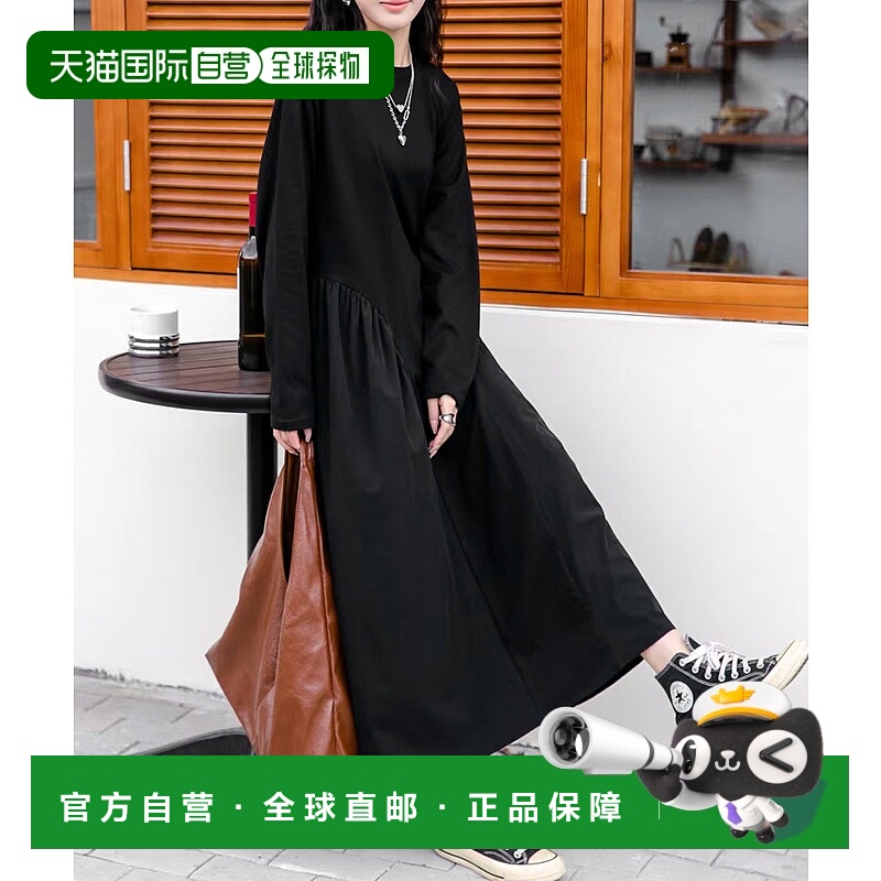 1h可退 日本直邮LOWO 女装 异材质拼接长袖长款A字连衣裙 宽松休