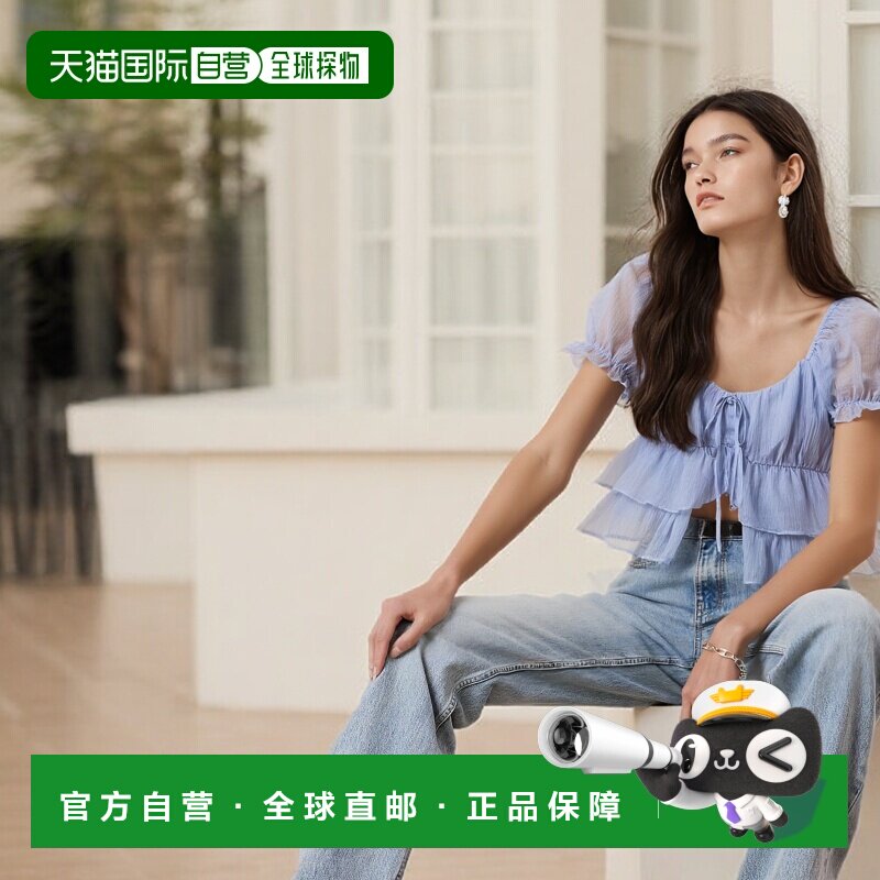 日本直邮日潮 GRL 蝴蝶结泡泡袖荷叶边上衣  cb1284短款牛仔裤